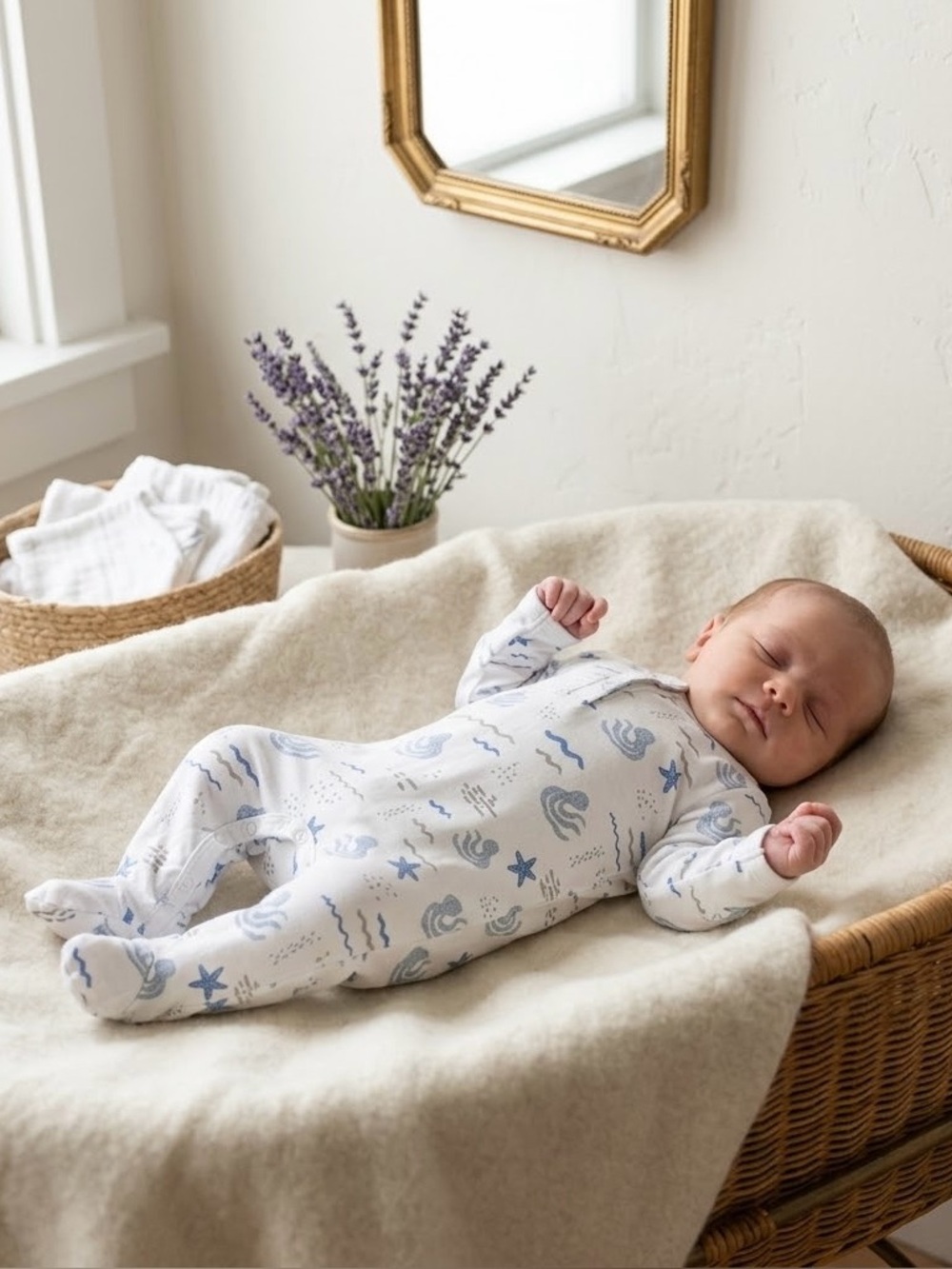 Feather Baby Cream Ocean Print Pima Cotton Long Sleeve Snap Footed Sleeper